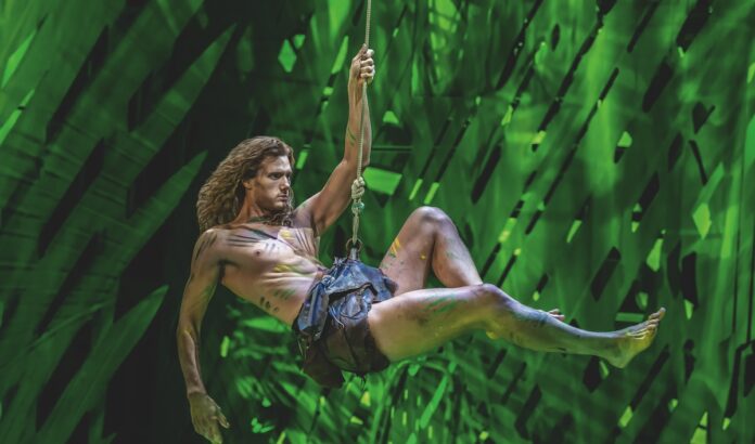 Disneys Musical TARZAN® : Terence van der Loo schwingt sich als Dschungelheld Tarzan durch den Musicalsaal. Bildnachweis: Johan Persson / Stage Entertainment