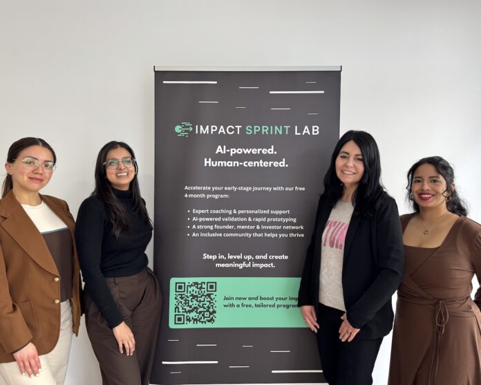 Impact Sprint Lab für Gründerinnen und Gründer KI Das Team hinter dem Impact Sprint Lab (v.l.n.r.): Sandra Aguirre (Social Media Managerin), Anisha Mohil (Lead Impact Coach), Regine Haschka-Helmer (Head Coach) und Yamile Vargas (Head of Venture Building). Foto: Impact Sprint Lab