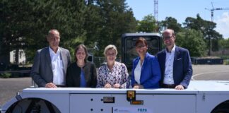 Heute Shuttle, morgen Lieferfahrzeug: Ein Fahrzeug, viele Funktionen U-Shift II: Fahrzeug mit flexiblen Kapseln Vorstellung der neuen Generation von U-Shift II: (v.l.n.r.) Prof. Andreas Wagner, FKFS; Prof. Kora Kristof, Vizepräsidentin Digitalisierung und Nachhaltigkeit, KIT; Dr. Nicole Hoffmeister-Kraut, Ministerin für Wirtschaft, Handwerk und Tourismus; Prof. Meike Jipp, Bereichsvorständin Energie und Verkehr, DLR; Prof. Michael Buchholz, Leiter der Forschungsgruppen Elektromobilität und Vernetztes Fahren / Vernetzte Infrastruktur, Universität Ulm (Foto: Magali Hauser, KIT)